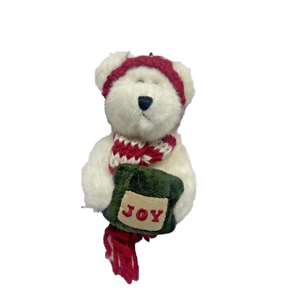 Boyds Bears Plush mini JOY bear Ornament White scarf Xmas